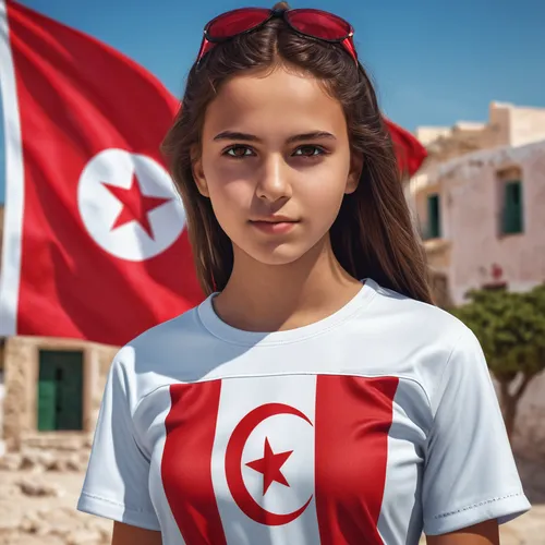 Create realistic a 18 year old Girl see only the national flag in background of Tunisia and he is wearing a shirt color red and " your " name in small is written on it's back in big and bold fonts, 3d