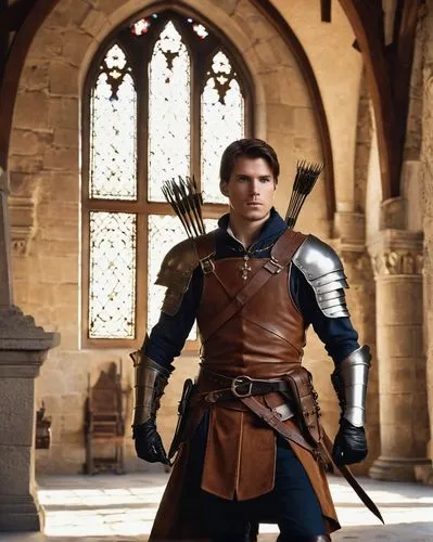 Buchanan Architecture building, archer, standing, powerful pose, strong facial expression, short brown hair, blue eyes, worn leather gloves, quiver on back, wooden bow, medieval-inspired armor, stone 