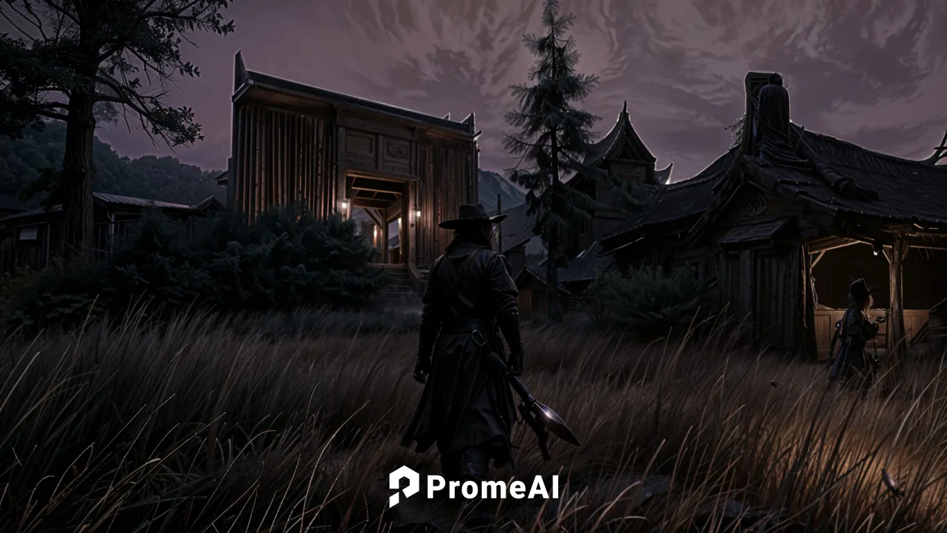 a dark - skinned man standing in front of an old cabin,primorje,house silhouette,pathologic,orona,promontorium,promised