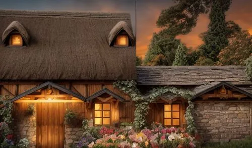 In hd, In tenebrous twilight vintage wooden cottage style.
warm color.
full color flowers.




,thatched cottage,country cottage,miniature house,little house,summer cottage,fairy house,traditional hou