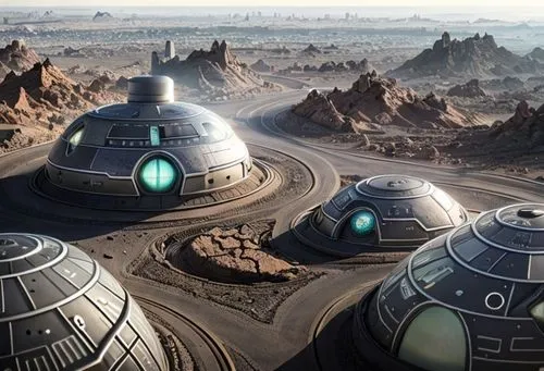 martian surface, futuristic grey houses and streets in glass tunnels, dust sky, a hill at horizon,roof domes,futuristic landscape,futuristic architecture,alien world,alien planet,sci fi,solar cell bas