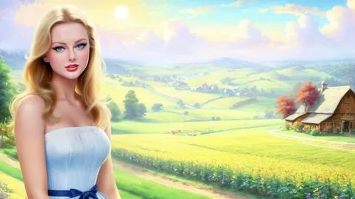 Romantic masterpiece oil painting, cute girl portrait, nostalgic 1950's style kitsch, dark saturated colors, shoulderless sleeveless dress, breathtaking beautiful majestic vast farm landscape, vibrant