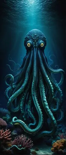 Tentacle monster Kraken, mythical sea creature, giant squid-like body, massive tentacles, suckers, oceanic colors, bioluminescent spots, underwater scene, dark blue water, coral reefs, schools of fish