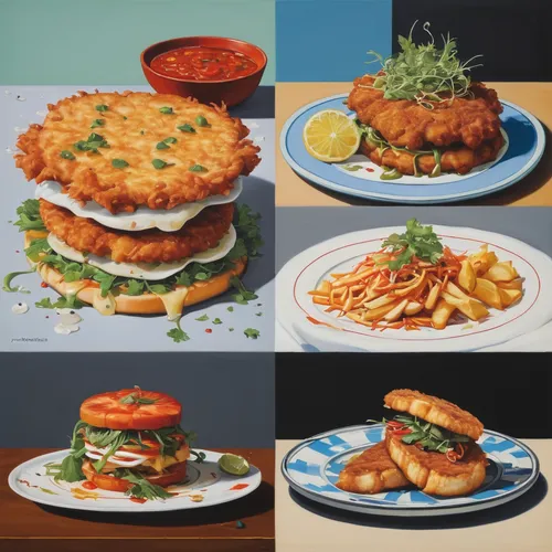 Compare schnitzel from Chowder to traditional schnitzel dishes.,food photography,salmon cakes,food collage,food styling,salmon burger,fishcake,chicken burger,chicken schnitzel,grilled food sketches,pa