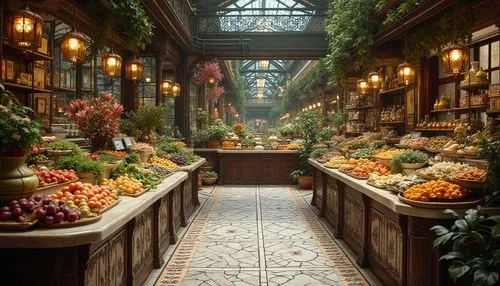 Intricate tile work, flowing organic lines, ornate metal fixtures, lush greenery, fresh produce displays, artisanal food arrangements, elegant wooden shelves, stained glass windows, warm soft lighting