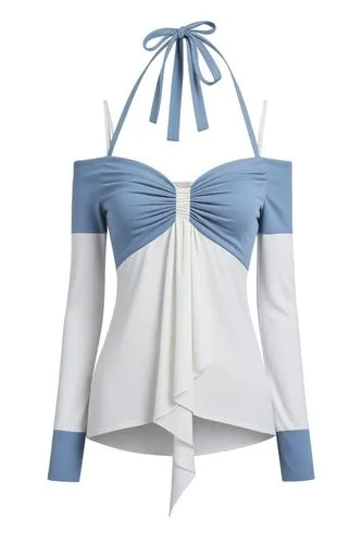 时髦、性感、欧美风格,a top with an asymmetrical neckline and long sleeves,sail blue white,ruffles,wing blue white,two piece swimwear,delta sailor,bodices