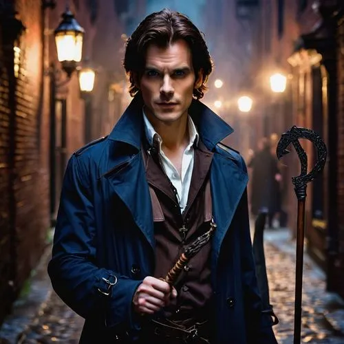 Male wizard, Harry Blackstone Copperfield Dresden, strong jawline, messy brown hair, piercing blue eyes, worn leather trench coat, white shirt, dark trousers, black boots, silver pentacle necklace, ho