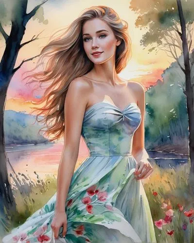 celtic woman,girl in flowers,springtime background,landscape background,art painting,oil painting on canvas,romantic portrait,girl in a long dress,beautiful girl with flowers,oil painting,spring background,girl on the river,photo painting,young woman,fantasy art,flower painting,watercolor background,fantasy picture,girl in the garden,splendor of flowers,Illustration,Paper based,Paper Based 25