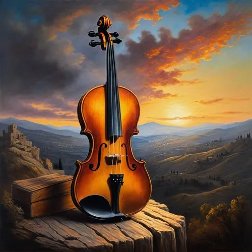 An artistic painting in oil colors of a violin made of dark wood standing diagonally, as the painting of the violin fades upwards and blends into the scenery of the Jerusalem mountains in the light of