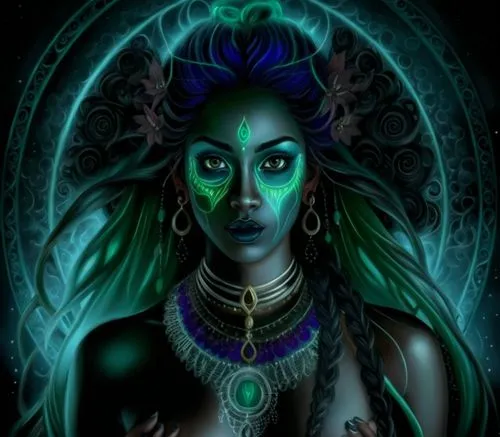 nude Beautiful nigerian girl, full dark curly hair, big green almond eyes, full black lips, misty sky,the beautiful and creepy woman in green makeup,ashkali,matangi,leota,hecate,anahata,dakini,vodun,n