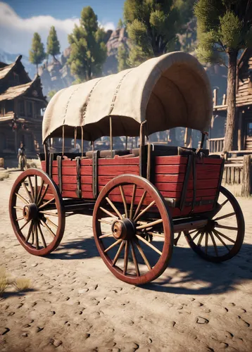 old western wagon, wooden wheels, horse-drawn, Red Dead Redemption 2 style, detailed textures, vintage design, leather seats, canvas cover, interactive object in story mode, dusty trails, open-world e