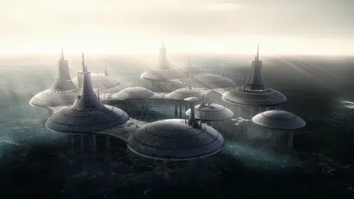 imperial shores,futuristic landscape,artificial island,futuristic architecture,artificial islands,very large floating structure,metropolis,ancient city,destroyed city,fantasy city,atlantis,empire,cube