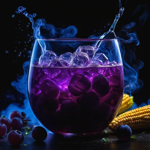 Liquid nitrogen, jello, corn, grape juice in black light,colorful drinks,wine cocktail,raspberry cocktail,colada morada,fruitcocktail,neon cocktails,neon drinks,mystic light food photography,sangria,n