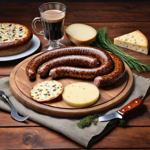 thuringian sausage,sausage plate,sausage platter,saucisson de lyon,bockwurst,weisswurst,eastern european food,danish breakfast plate,czech cuisine,kielbasa,slovakian cuisine,hungarian food,westphalian dachsbracke,bavarian dinner,knackwurst,cumberland sausage,vanillekipferl,frankfurter würstchen,bratwurst,andouille,Photography,General,Realistic