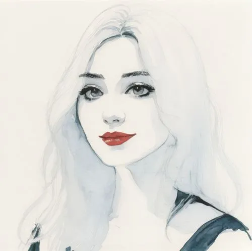 a woman with long white hair and red lipstick,marzia,watercolor sketch,louvrier,wpap,watercolor pin up,watercolor,Illustration,Paper based,Paper Based 21