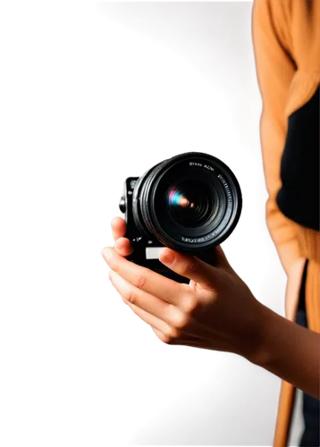 Camera, photography, copyright watermark, transparent background, solo, black camera body, lens, flash, photographer's hand holding camera, studio strobe light, shallow depth of field, 3/4 composition