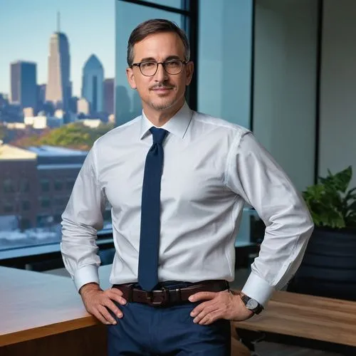 Middle-aged, male, architectural designer, Wilton CT, David, bespectacled, short brown hair, slight stubble, white dress shirt, dark blue trousers, black leather belt, black loafers, standing, hands b