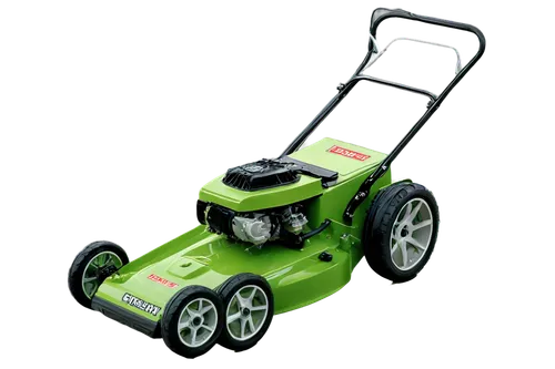 Lawn mower, green grass, summer season, metal body, wheels, rotating blades, gasoline engine, spark plug, exhaust pipe, pull-start mechanism, shiny surface, realistic reflection, soft natural light, 3