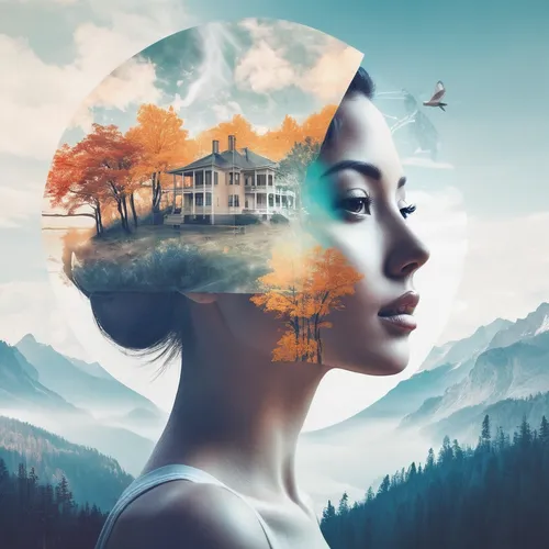 Explore an inspiring Behance portfolio in a serene setting.,world digital painting,digital compositing,woman thinking,self hypnosis,image manipulation,photomanipulation,girl with tree,parallel worlds,