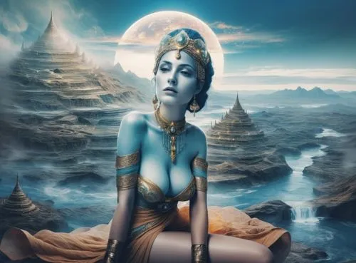 full nude very exotic and misty sky,a young woman wearing a blue body suit and gold jewelry sits in front of water,inanna,nephthys,priestess,asherah,amphitrite,wadjet,blue enchantress,dakini,hekate,pr