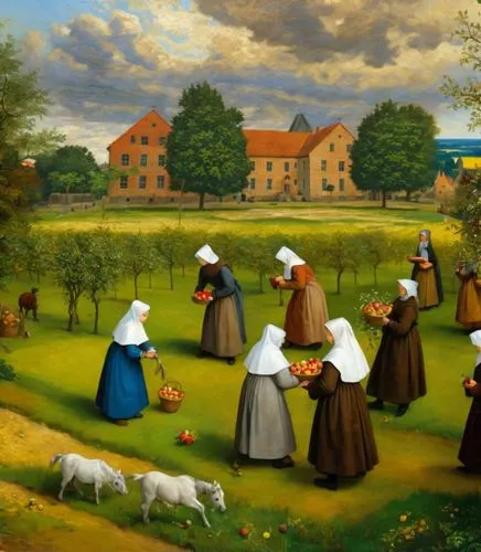 agricultural scene,nuns,church painting,pastoral,village scene,trappists