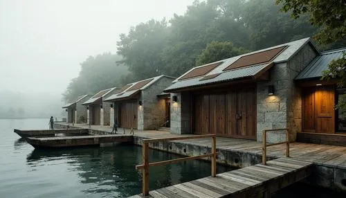 Rustic boathouse, brutalist architecture, rough-hewn stone walls, weathered wooden docks, corrugated metal roofs, industrial-style windows, distressed concrete floors, reclaimed wood accents, nautical