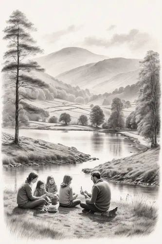 Write a heartwarming scene featuring a family picnic in the Upper Derwent Valley.,glendalough,children studying,children drawing,lake district,foragers,people fishing,fishing classes,trossachs nationa