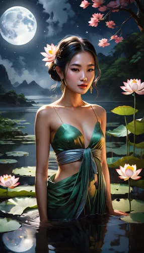 water lotus,water lily,waterlily,lotus blossom,water lilly,flower of water-lily,lotus flowers,water lilies,moonflower,sacred lotus,fantasy picture,world digital painting,oriental princess,chinese art,