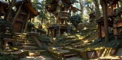 house in the forest,fairy village,mountain settlement,tree house,treehouse,elven forest,druid grove,lost place,lostplace,forest glade,tree house hotel,ancient city,greenforest,cartoon forest,forest path,the forest,forest,tsukemono,ruins,abandoned place