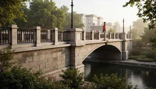 Elegant pedestrian bridge, neoclassical arches, ornate balustrades, decorative railings, grand stone piers, rusticated abutments, symmetrical composition, classical proportions, limestone or marble ma