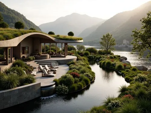 amanresorts,house by the water,lefay,grass roof,dorne,luxury property,swiss house,pool house,house in the mountains,beautiful home,landscaped,luxury hotel,svizzera,cottars,summer house,idyllic,dreamhouse,house with lake,roof landscape,boathouse