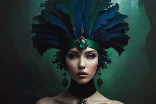 headdress,feather headdress,headdresses,headress,fantasy portrait,dryad,naiad,headpiece,fantasy art,the enchantress,indian headdress,viveros,enchantress,faery,shamanic,amphitrite,morwen,blue enchantress,hecate,hekate,Conceptual Art,Fantasy,Fantasy 11