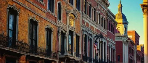 Historic architectural landmarks, Indianapolis, Indiana, United States, Victorian-era inspired, intricately carved stone facades, ornate ironwork balconies, stained glass windows, grand entranceways, 