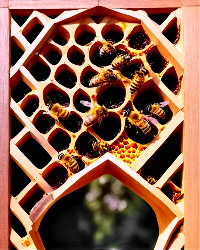 Honey bee hive, hexagonal cells, golden honeycomb, busy bees flying around, entrance hole, wooden frame, natural texture, warm sunlight, shallow depth of field, 3/4 composition, vibrant colors, macro 