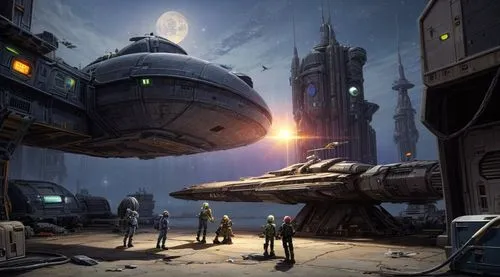 Sci-fi space ship repair workshop,coruscant,sci fiction illustration,cardassia,sci fi,sci - fi,mcquarrie,sector,sulaco,dropship,coruscating,honorverse,futuristic landscape,theed,troshev,varsavsky,scif