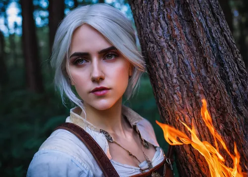 Ciri (The Witcher) cosplay,wood elf,elven,firethorn,fire siren,fire background,burning hair,witcher,fae,fire heart,fire eyes,dark elf,flame spirit,fire wood,embers,forest fire,triggers for forest fire