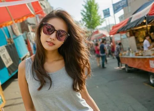 street fair,asian woman,asian girl,mongolian girl,street shot,women fashion,hippy market,hyori,vietnamese woman,sunglasses,chile and frijoles festival,women clothes,girl in t-shirt,yunjin,japanese woman,sunglass,fashion street,asian,flea market,vietnamese,Female,East Asians,Wavy,Teenager,M,Confidence,Women's Wear,Outdoor,Street Fair