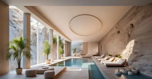 The interior of the spa is designed in the style of Alvaro Siza, with tall columns and a swimming pool surrounded by limestone walls. The rock wall behind it creates an atmosphere reminiscent of ancie