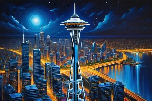 Futuristic Lego architecture, Space Needle-inspired tower, shiny metallic surface, intricate details, neon lights, glowing blue lines, sleek curves, angular shapes, metropolitan cityscape, nighttime, 