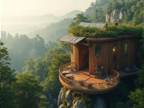 Elevated watching tower, panoramic views, lush forest surroundings, wooden slatted walls, recycled metal roofs, living green roofs, solar panels, wind turbines, natural stone foundations, organic shap