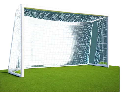 soccer goal, nets attached, white posts, shiny metal frame, grassy background, sunny day, dramatic shadows, low-angle shot, 3/4 composition, vibrant colors, realistic texture, detailed rendering.,goal