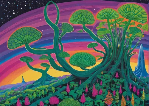 Write a futuristic sci-fi scene where a creeping plant with mystical properties takes over an entire spaceship.,mushroom landscape,colorful tree of life,psychedelic art,tree grove,tree of life,magic t