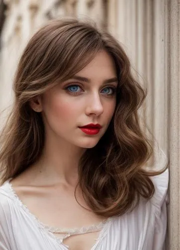 a portrait of a beautiful young caucasian girl 25 years old, brown hair, red lips, blue eyes, confident expression in a white nighty stand up in a balcony at morning whit lighting natural and Venezia 