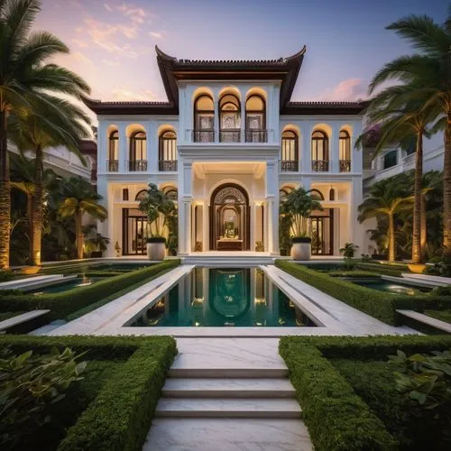 Ber dou lat architectural design, luxurious modern mansion, Mediterranean style, white marble exterior walls, grand entrance with high ceilings, intricately carved wooden doors, ornate metalwork, spra