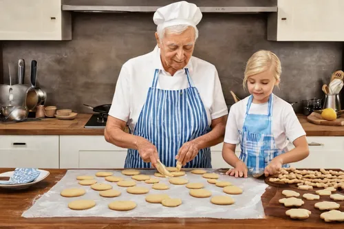 Craft a heartwarming chio moment between a grandparent and grandchild as they bake cookies together.,cookware and bakeware,baking equipments,baking cookies,bake cookies,shortbread,choux pastry,baking,