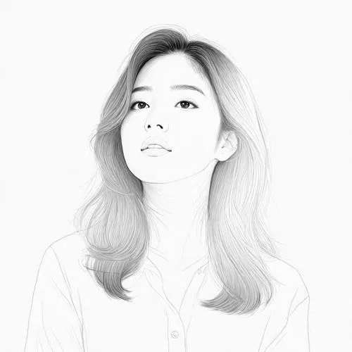 女生，白色衬衫，黑白，线稿，线条艺术,a woman is looking straight ahead in black and white,yoong,rotoscoped,angel line art,girl on a white background,yves,digital drawing,Design Sketch,Design Sketch,Detailed Outline