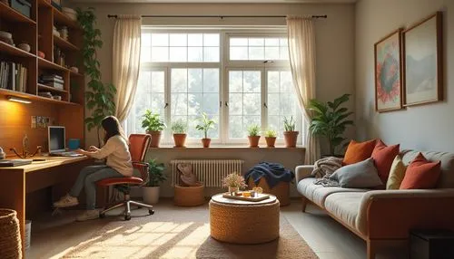 apartment,livingroom,an apartment,shared apartment,living room,roominess,modern room,home corner,sitting room,giaimo,apartment lounge,appartement,danish room,home interior,house plants,study room,sunroom,houseplants,indoor,3d rendering,Photography,General,Realistic