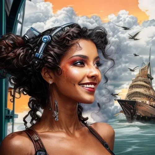 the sea maid,sea fantasy,black pearl,tiana,moana,fantasy portrait,full-rigged ship,steampunk,sail ship,sea sailing ship,seafaring,fantasy picture,fantasy art,girl on the boat,pirate,galleon ship,cleop