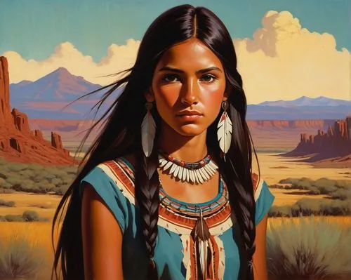 A young skinny woman with long straight dark hair, tanned skin and dark brown eyes. She is very naive, tender and sweet. She is dressed with a native american clothes. The background is a western amer