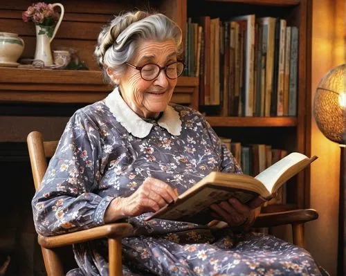 Granny Clampett, elderly lady, 70s, wrinkles, gray hair, messy bun, reading glasses, warm smile, floral dress, apron, wooden cane, sitting, cozy living room, fireplace, bookshelf, vintage furniture, s